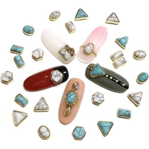 Japanese Korean Trend nail style 50pcs latest metal gold base plus crack turquoise stone design 3D nail art alloy jewelry