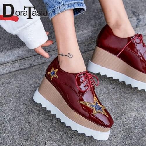 DORATASIA New Big Size 42 Genuine Patent Leather Flat Platform Woman Shoes Girls Shoelaces Leisure Square Toe Shoes Woman Flats