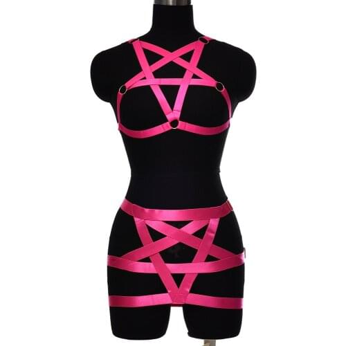 Fashion Punk Goth Sexy Harness Skirt Women Punk Body Cage Fetish Pentagram Body Harness Bra Elastic High Waist Suspender