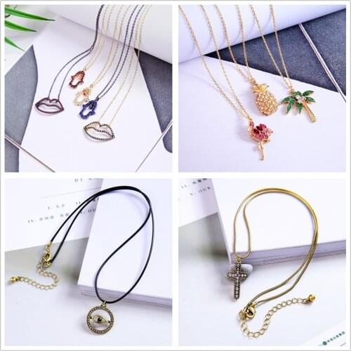 BALANBIU Crystal Necklace For Women Gifts Pineapple Flamingo Coconut Cactus Lips Evil Eye Cross Pendant Necklace Fashion Jewelry