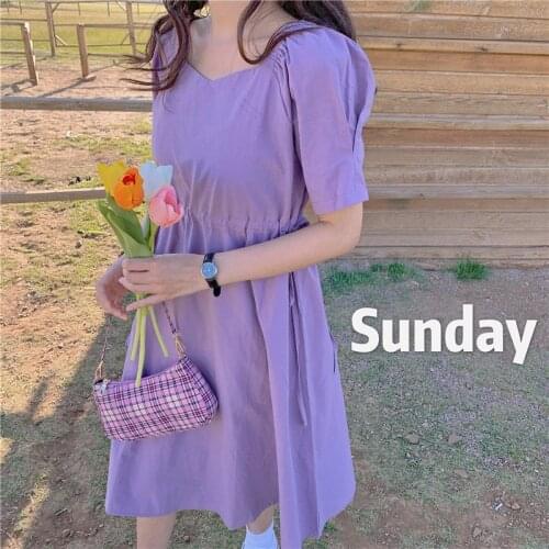 2021 New Fashion Ladies Summer V-Neck Solid Dress Women Short Sleeve Pink Purple Knee-Length Elegant Drawstring Casual Vestidos