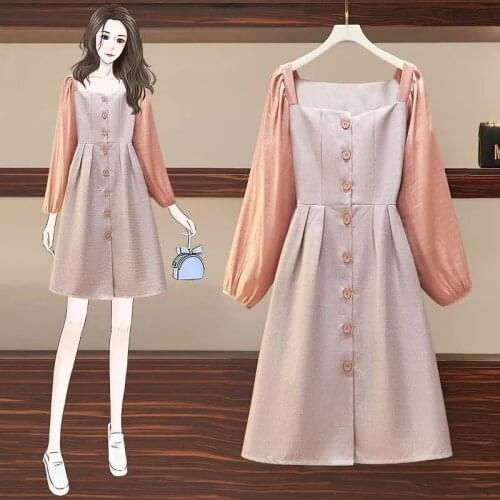 One-shoulder dress female plus size 2021 spring and autumn new fashion loose single-breasted lantern sleeve casual mini dress