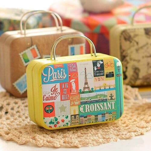 1PC Vintage Small Suitcase Storage Tin Metal Candy Box Gift Box Earphones Box Small Suitcase Sundries Organizer Storage Can 2021