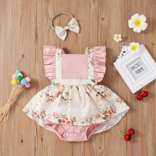 2021 Summer Baby Jumpsuit Newborn Infant Baby Girls clothes Sleeveless Ruffles Floral Printed Romper Bodysuit+Headbands Outfits