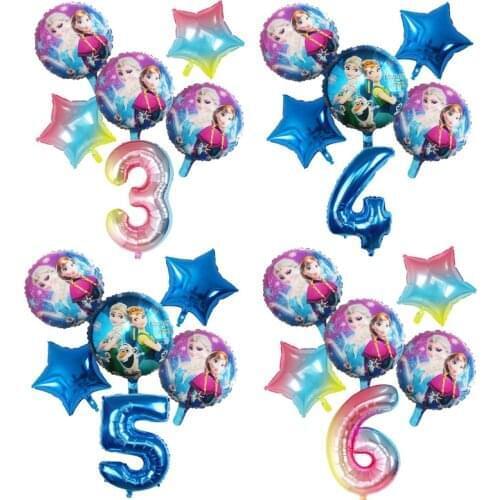 6Pcs Disney Frozen Princess Elsa Helium Balloons Gradient Number Baby Shower Party Decoration Balloons Kids Birthday Air Globos