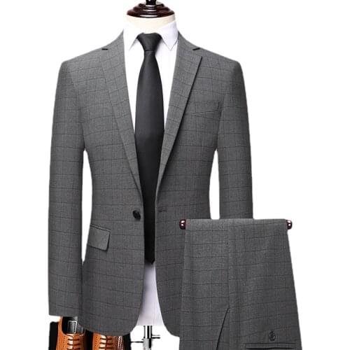 Blazer+Pants) Boutique Mens Casual Gray Plaid 2 Pieces Suits / Male One Button Blazers Jacker Coat Trousers Elegant Man Suit
