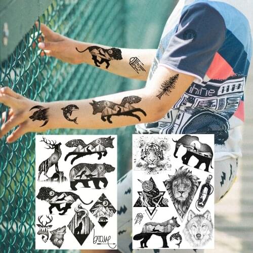 Diy Balck Wolf Fake Temporary Tattoos For Men Illustration Mountain Tattoo Sticker Universe Body Armband Silhouette Coyote Tatoo