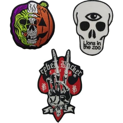Individual Creative Pumpkin skull Badges Punk Patch Rock Band Skull Patch Biker Iron On Cheap Embroidered victory sign Patches