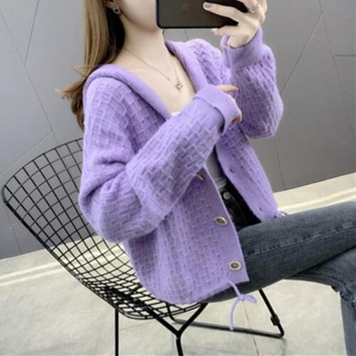 Spring Autumn Hooded Cardigan Sweater Women 2021 New Korean Style Loose Fashion Short All-Match Pure Color Knitting Sweater Coat