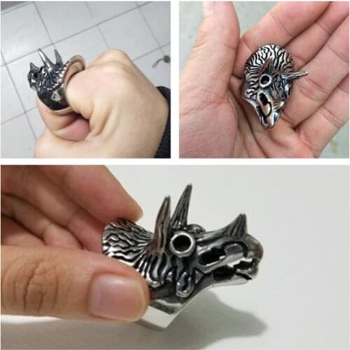 EDC Titanium Steel Personal Triceratops Self Defense Ring Unisex Punk Anti-wolf Finger Ring Vintage Wolf Rings Gift Safety Tool