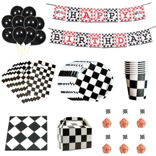 Racing Car Theme Party Black and White Grid Paper Plates Cups Napkins Disposable Tableware Set Birthday Party Decorations Supply