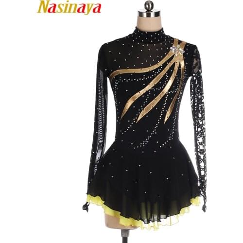 Nasinaya Figure Skating Dress Ice Skating Skirt for Girl Women Kids Customized Competition black golden stripes folwer