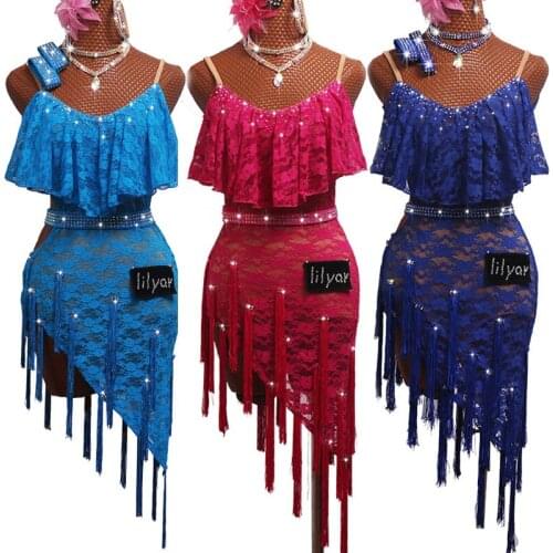 New Kids Dresses For Girls Rose Red/blue Lace Dance Dress Flamengo 2020 Competition Wear Latin Dance Dress Women Costume BL2546