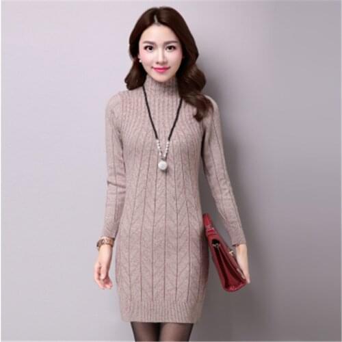 2019 Autumn Winter Turtleneck Knitted Sweater Dress Women Solid Slim Sweaters Plus Size Long Pullovers Female Knitting Jumper
