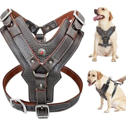 Durable Dog Harness Large Dogs Genuine Leather Harnesses Pet Training Vest With Quick Control Handle For Labrador Pitbull