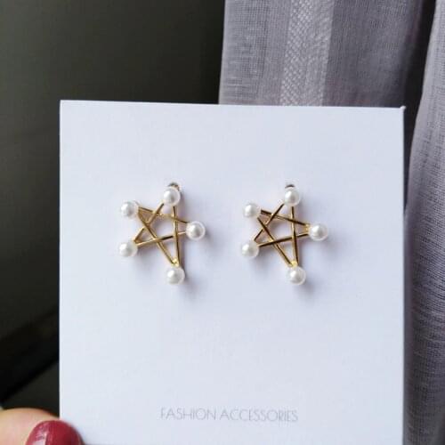 Korean Cute Hollow Out Stars Ear Clips Earrings Japanese Simple Imitation Pearl Star Shpe Lady Clip Earrings Without Piercing