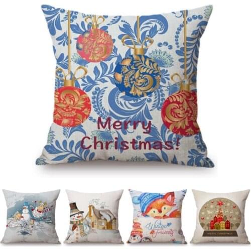 Cute Christmas Cartoon Sofa Decorative Art Throw Pillow Case Xmas reindeer Stockings Santa Painting Cotton Linen Cushion Cover