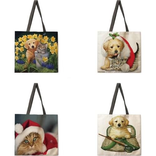 Christmas dog print tote bag linen fabric bag casual folding shopping bag outdoor beach bag daily handbag