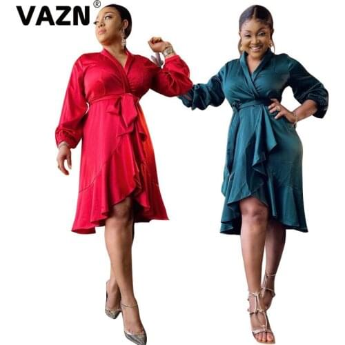 VAZN 2020 Hot High-end Plus Size Sexy Overalls Elegant Asymmetrical Solid Full Sleeve High Waist Women Thin Midi Dress