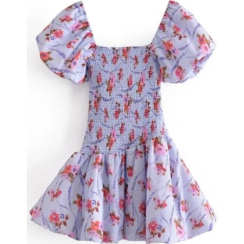 Vintage Square Neck Short Sleeve Mini Floral Dresses DLQZ877