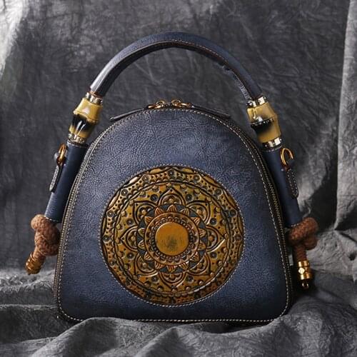 High Quality Genuine Embossed Leather Top Handle Bag Retro Handbag Totem Pattern Natural Skin Women Shoulder Tote Messenger Bags