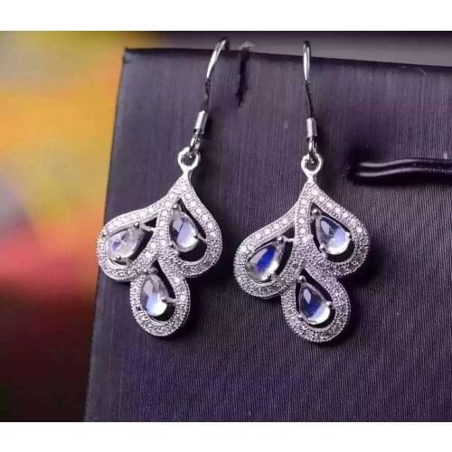Natural moonstone drop earrings 925 silver natural blue gemstone earrings women personality feather drop Earrings for party