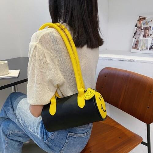 Bags Women 2021 New Korean Fashion Smiley Cylindrical Bag panelled Cute Girls One-shoulder Portable Underarm Bag purses handbags