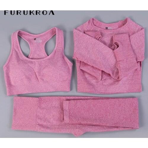 Women Seamless Yoga Set Fitness Sports Suits Gym Long Sleeve Crop Top Shirts Bra High Waist Running Leggings Workout Pants X268B