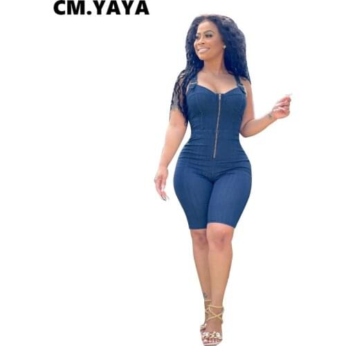 CM.YAYA Women Denim Playsuit Solid Sleeveless Strap Zipper Strechy Bodycon Playsuits Fashion Rompers One Piece Overalls Summer