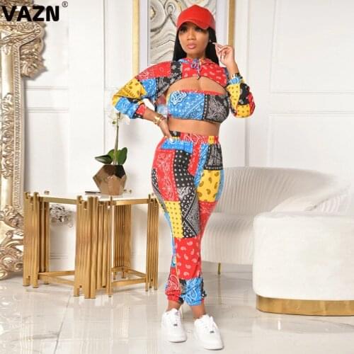 VAZN 2020 New Full Sleeve Colorful Print Sexy Fashion Set Holiday Women Age reduction Energetic Set Fashion Clothing Suit