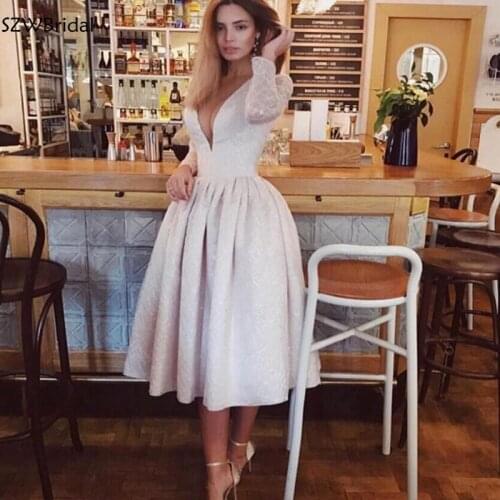 New Arrival V Neck Long sleeve evening dresses Dubai Arabic Short evening dress Cheap dress party formal dress women elegant