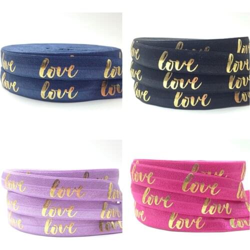 5/8" (5 yards/lot) Gold Love Valentines Day Fold Over Elastics FOE Ribbon Hair Tie Wedding Decor,DIY Hair accessories Crafts