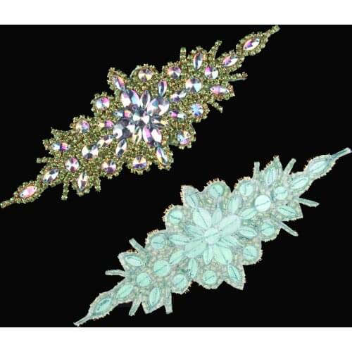 1pcs/lot)Newly Luxury Bling Green Beaded Rhinestone Appliques Patch Hot Fix Crystal Trim For Girl Wedding Dress Bridal Hair