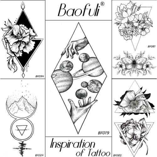 BAOFULI Men Sketch Geometric Rhomboid Temporary Tattoo Black Planets Waterproof Fake Tattoo Body Arm Stars Tatoos Stickers Women
