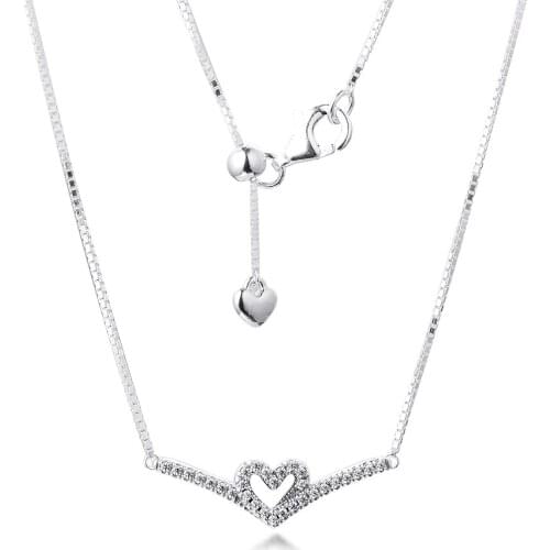 New Valentines Day Sparkling Wishbone Heart Collier Necklace 925 Sterling Silver Jewelry chain Pendant Necklaces For Women Men