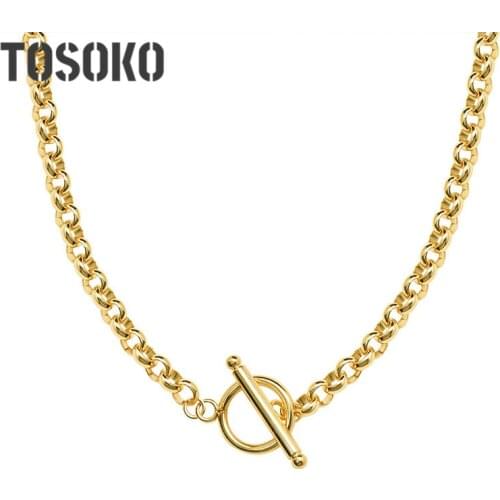 TOSOKO Stainless Steel Jewelry Exaggerated Thick Chain OT Clasp Clavicle Necklace Whole Chain Women Fashion Short Chain BSP576