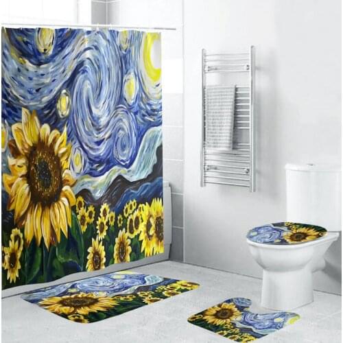 Galaxy Night Starry Sky 4 Pcs Bath Curtains with Free Hook Bath Rug Toilet Lid Cover Floor Mat Outer Space Print Bathroom Decor