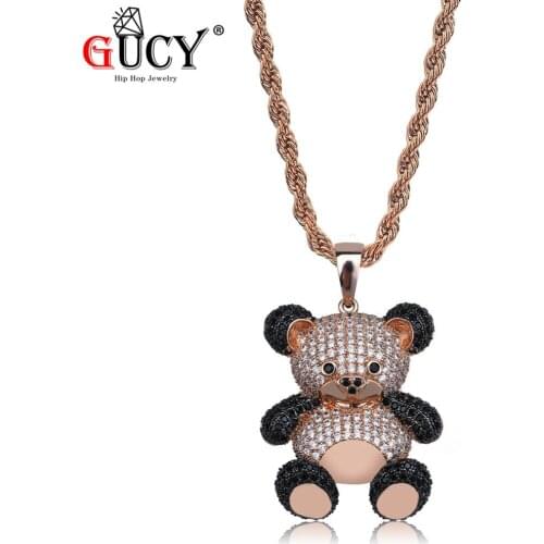 GUCY Hip Hop Lovely Panda Pendant Necklace Rose Gold n Silver Color Plated Micro Pave Cubic Zircon Cute Necklaces For Men Women