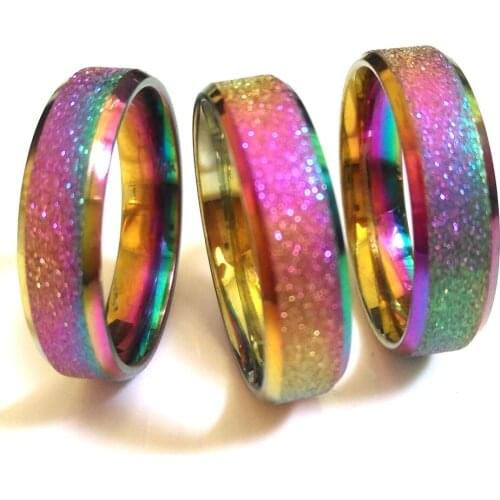 25pcs Rainbow Color Inside Comfortable 6mm Stainless Steel Rings Frosted 316LSS Wedding Finger Rings Unisex Party Gift Jewelry
