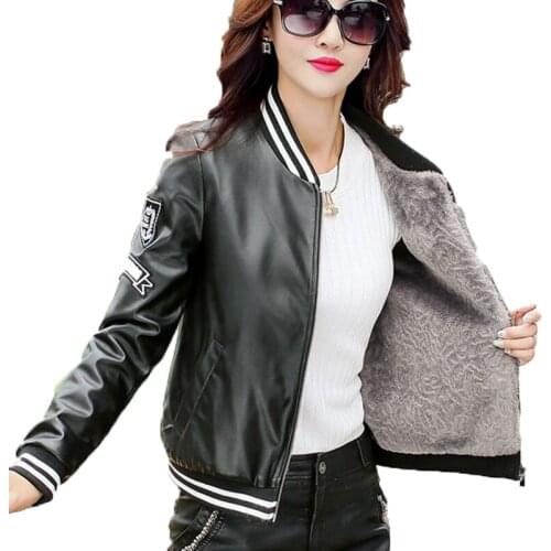 Motocycle 5XL Jacket Faux Sheepskin Coat New Red Leather Jacket Women Short Thick Baseball Coats Bomber Leather Jackets WUJ1205