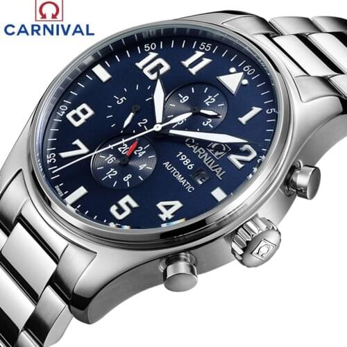 Carnival Sapphire Automatic Mechanical Watch Men silver Stainless steel waterproof blue Watch relogio masculine
