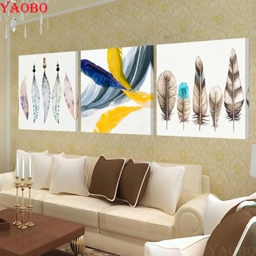 DIY Diamond painting Colorful Feather Pictures Mosaic 5D Cross Stitch Watercolor Embroidery Diamond Full Square/Round 3pcs/set