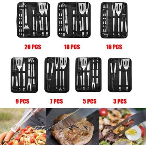 3-20PCS/Set Stainless Steel Barbecue Grilling Tools Set BBQ Utensil Accessories Camping Outdoor Cooking Tools Kit With Carry Bag