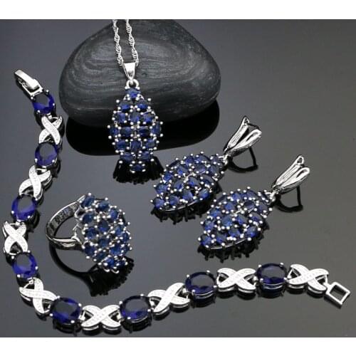 925 Sterling Silver Party Jewelry Sets Blue Cubic Zirconia Earrings/Pendant/Necklace/Ring/Bracelet For Women Decoration