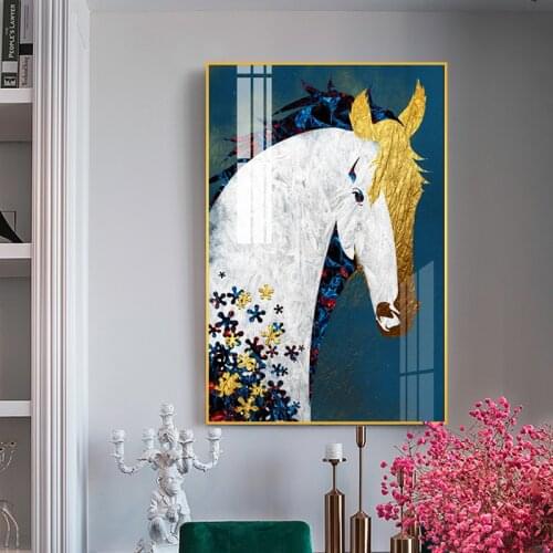 Golden Horse Wall Art Poster Abstract Animal Canvas Painting Modern Living Room Home Decoration Pictures Unique Gift