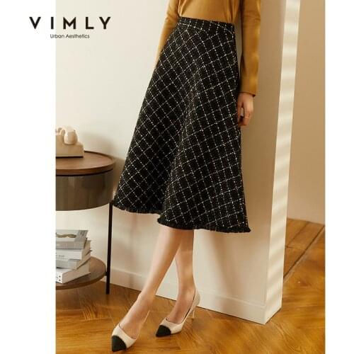 Vimly Autumn Winter Wool Skirt For Women Fashion High Waist Plaid A Line Mid Clalf Skirts Elegant Mujer Faldas Bottoms F3638