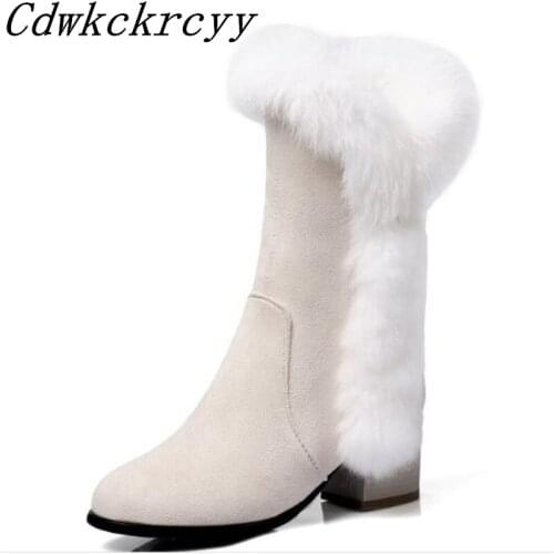 Women Boots Autumn and winter New style Cashmere True rabbit hair Comfortable Coarse heel Keep warm Boots plus size 34-45