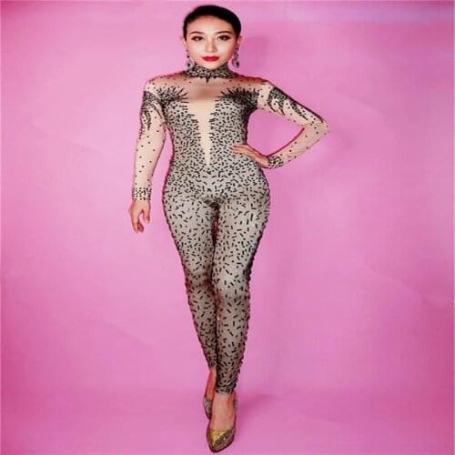 F100 Sexy ballroom dance costumes prom pole dancer jumpsuit singer performance bodysuit dresses stage Rhinestone outfit clothe