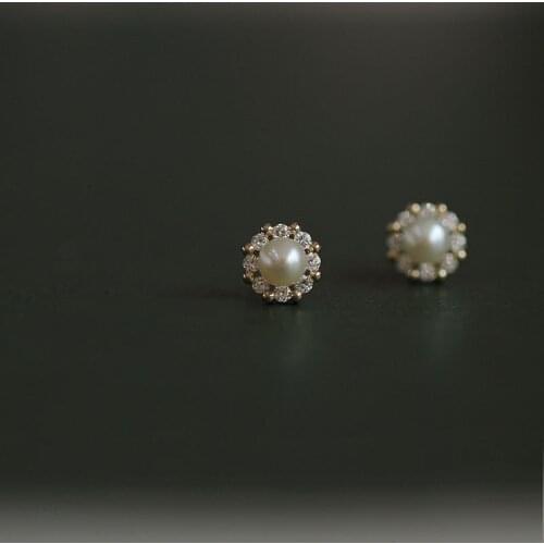 Luxury Crystal Zircon Stone Wedding Earrings Female Small Round Pearl Stud Earrings 925 Sterling Silver Gold Earrings For Women