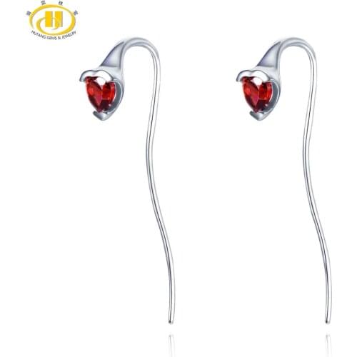 Hutang Genuine Gemstone Red Garnet Solid 925 Sterling Silver Heart Line Earrings Fine Elegant Jewelry for Women Gift New Arrival